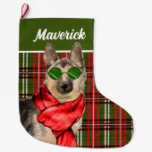 German Shepherd and Plaid with Dog's Name Großer Weihnachtsstrumpf (Vorderseite)