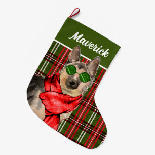 German Shepherd and Plaid with Dog's Name Großer Weihnachtsstrumpf