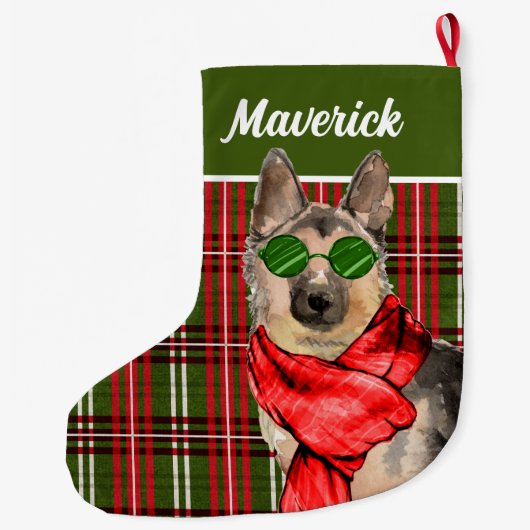 German Shepherd and Plaid with Dog's Name Großer Weihnachtsstrumpf (Rückseite)