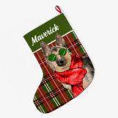 German Shepherd and Plaid with Dog's Name Großer Weihnachtsstrumpf (Rückseite (Hängend))