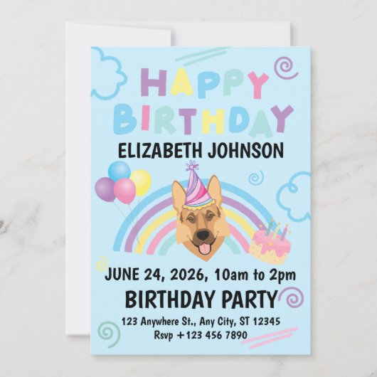 German Shepherd Birthday Invitation in Blue Einladung (Vorderseite)