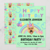 German Shepherd Birthday Invitation in Green Einladung (Vorne/Hinten)