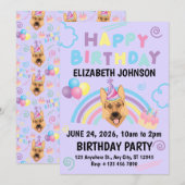 German Shepherd Birthday Invitation in Purple Einladung (Vorne/Hinten)