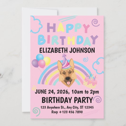 German Shepherd Birthday Party Invitation Pink Einladung (Vorderseite)