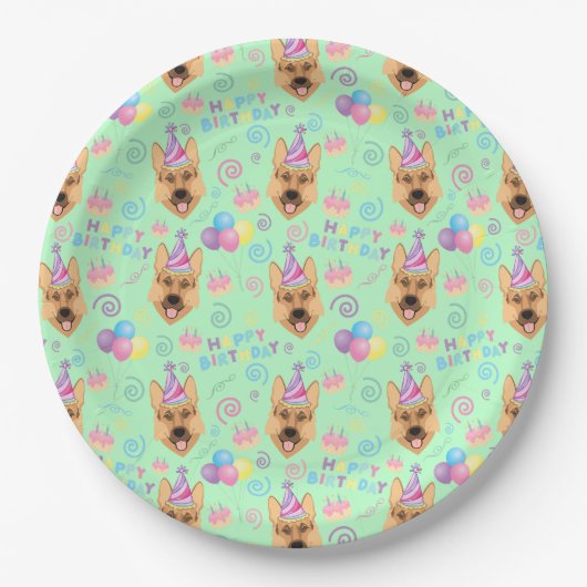 German Shepherd Birthday Party Paper Plates Green Pappteller (Vorderseite)