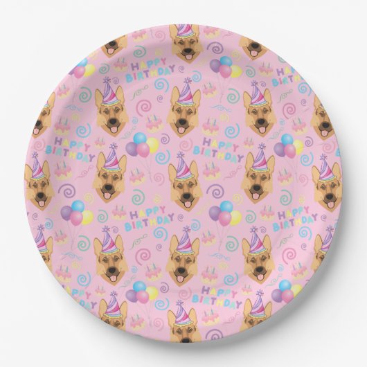 German Shepherd Birthday Party Paper Plates Pink Pappteller (Vorderseite)