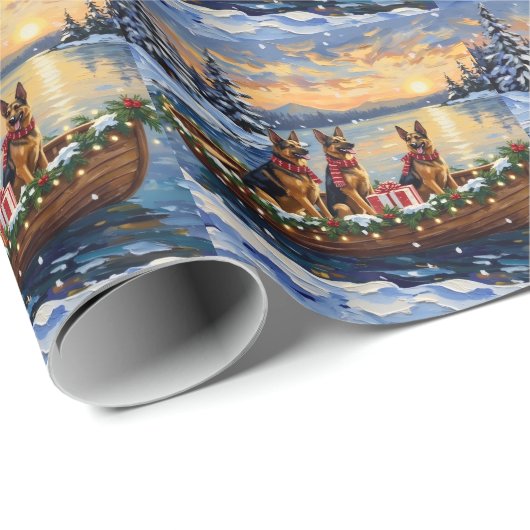 German Shepherd Christmas Boat Holiday Geschenkpapier (Rolleneckpunkt)