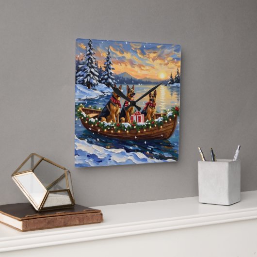 German Shepherd Christmas Boat Holiday Quadratische Wanduhr (Büro)