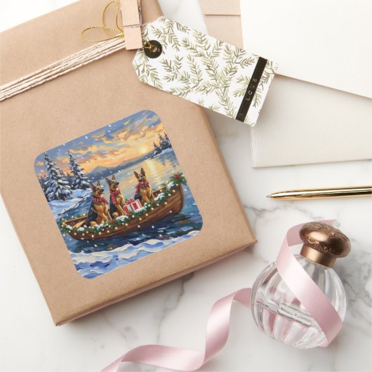 German Shepherd Christmas Boat Holiday Quadratischer Aufkleber (Schenken)