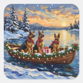 German Shepherd Christmas Boat Holiday Quadratischer Aufkleber (Vorderseite)