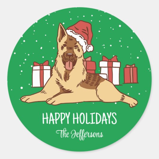 German Shepherd Christmas Dog Snowy Winter Holiday Runder Aufkleber (Vorderseite)