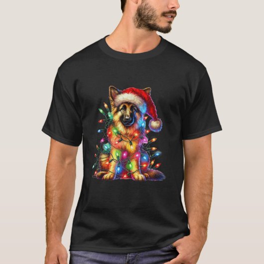 German Shepherd Christmas Lights Weihnachtsmannmüt T-Shirt (Vorderseite)
