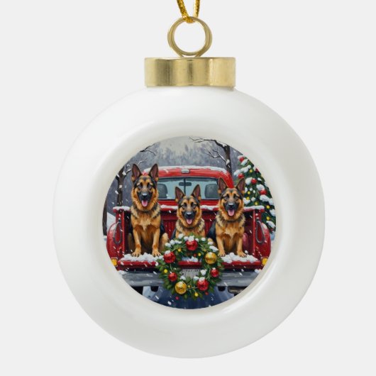 German Shepherd Christmas Red Truck Holiday Keramik Kugel-Ornament (Vorderseite)