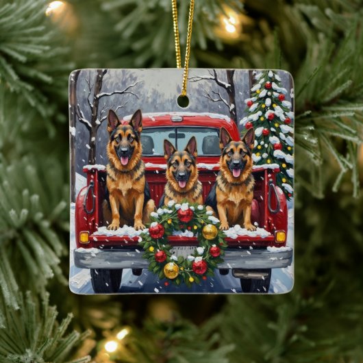 German Shepherd Christmas Red Truck Holiday Keramikornament (Baum)