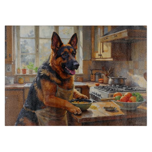 German Shepherd Cooking in Kitchen Schneidebrett (Vorderseite)