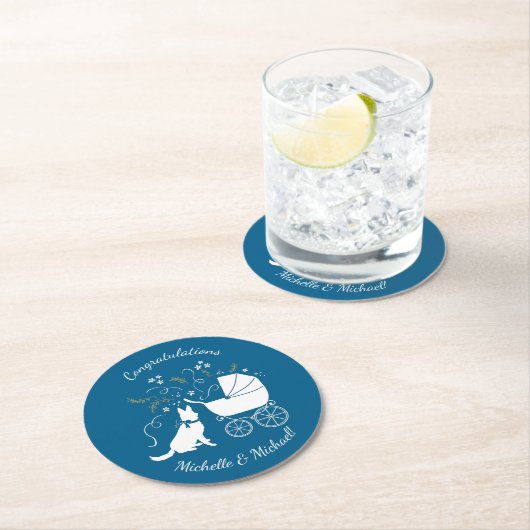 German Shepherd Dog Baby Shower Blue Boy Runder Pappuntersetzer (Vor Ort)