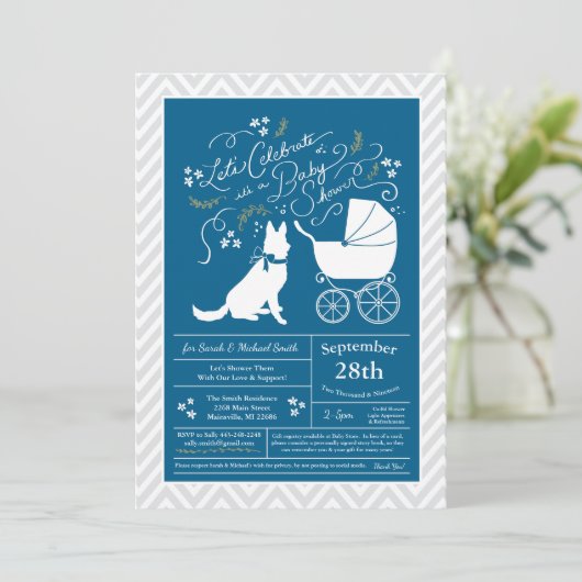 German Shepherd Dog Baby Shower French Blue Boy Einladung (Stehend Vorderseite)