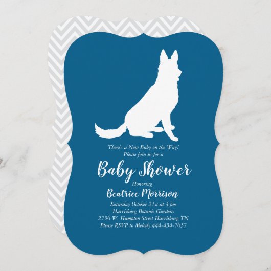 German Shepherd Dog Baby Shower French Blue Boy Einladung (Vorne/Hinten)