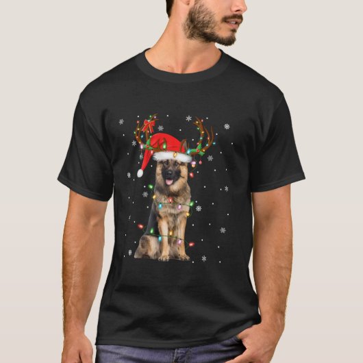 German Shepherd Dog Christmas Lights Reindeer Sant T-Shirt (Vorderseite)