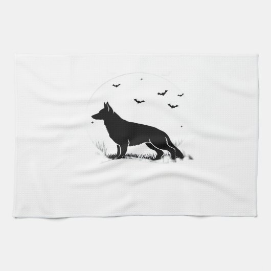 German Shepherd Dog � Halloween Moon Silhouette Cl Geschirrtuch (Horizontal)