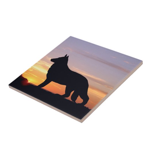 German Shepherd Dog Luminescent Sunset Silhouette Fliese (Seite)