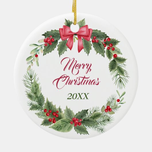 German Shepherd Dog Red Bow Holly Wreath Keramik Ornament (Hinten)