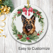German Shepherd Dog Red Bow Holly Wreath Keramik Ornament