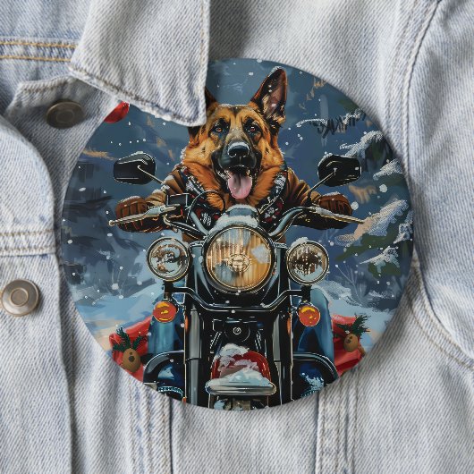 German Shepherd Dog Riding Motorrad Weihnachten Button (Beispiel)