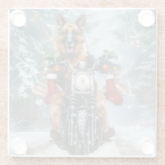 German Shepherd Dog Riding Motorrad Weihnachten Glasuntersetzer (Rückseite)