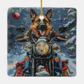 German Shepherd Dog Riding Motorrad Weihnachten Keramikornament (Rückseite)