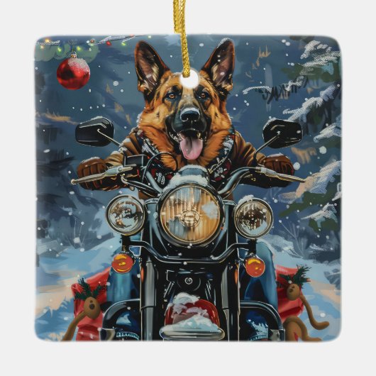German Shepherd Dog Riding Motorrad Weihnachten Keramikornament (Vorderseite)