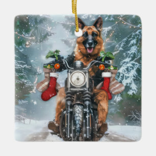 German Shepherd Dog Riding Motorrad Weihnachten Keramikornament