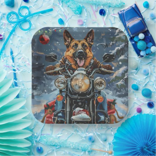 German Shepherd Dog Riding Motorrad Weihnachten Pappteller (Party)