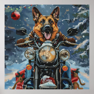 German Shepherd Dog Riding Motorrad Weihnachten Poster