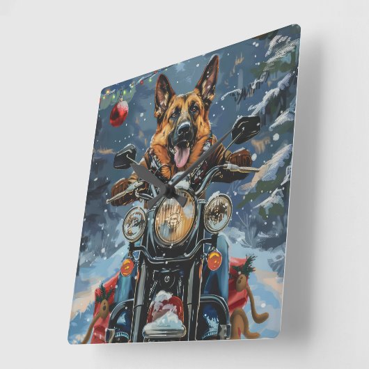 German Shepherd Dog Riding Motorrad Weihnachten Quadratische Wanduhr (Winkel)