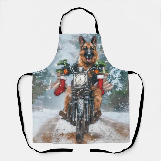 German Shepherd Dog Riding Motorrad Weihnachten Schürze (Vorderseite)