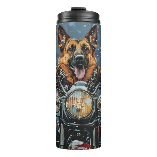 German Shepherd Dog Riding Motorrad Weihnachten Thermosbecher (Vorderseite)