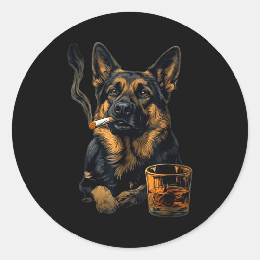 German Shepherd Dog Smoking Cigarette Whisky Lover Runder Aufkleber (Vorderseite)