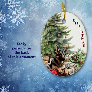 German Shepherd Dog Wicker Basket Keramik Ornament