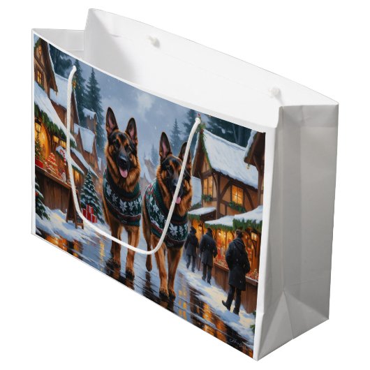 German Shepherd Dogs Christmas Snow Holiday Große Geschenktüte (Vorderseite Schrägansicht)