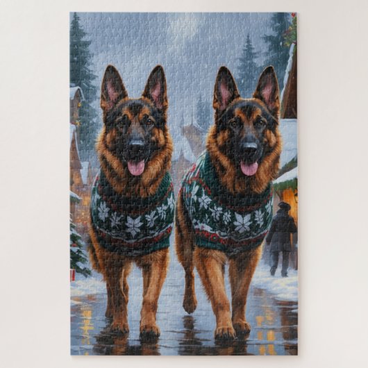 German Shepherd Dogs Christmas Snow Holiday Puzzle (Vertikal)