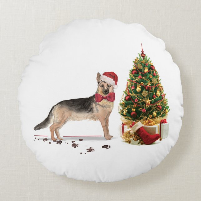 German Shepherd Funny Christmas Dog mit Baum Rundes Kissen (Vorderseite)