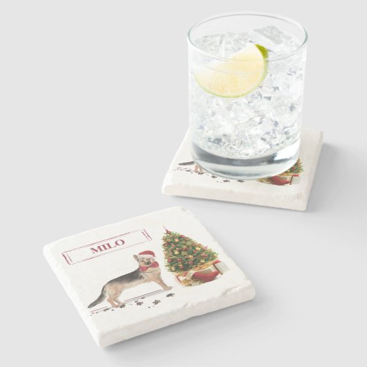 German Shepherd Funny Christmas Dog mit Baum Steinuntersetzer (Seitenansicht)