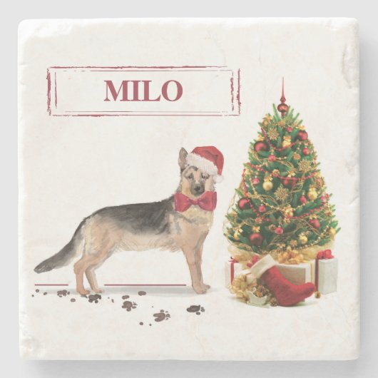 German Shepherd Funny Christmas Dog mit Baum Steinuntersetzer (Vorderseite)
