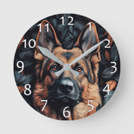 German Shepherd in Leaves Runde Wanduhr