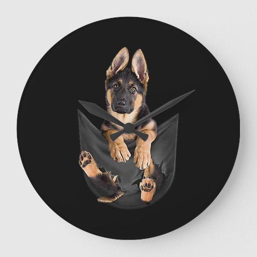 German Shepherd In Pocket T-Shirt Funny Dog Lover Große Wanduhr (Vorderseite)