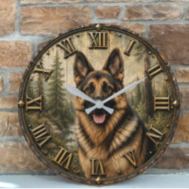 German Shepherd Mountain Forest Rustic Große Wanduhr