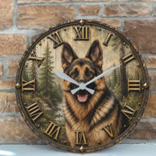 German Shepherd Mountain Forest Rustic Große Wanduhr