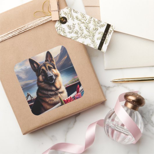 German Shepherd on a Paddle: Ein Landschaftliches Quadratischer Aufkleber (Schenken)