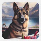 German Shepherd on a Paddle: Ein Landschaftliches Quadratischer Aufkleber (Vorderseite)